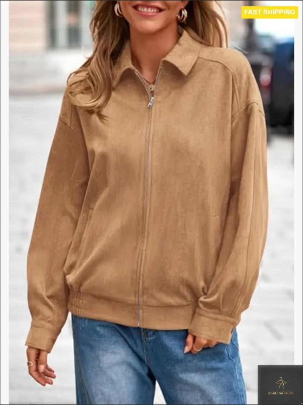 Faux Suede Bomber Jacket Oversized Relaxed Fit Zip Up Casual Outerwear - Picture 4 of 7